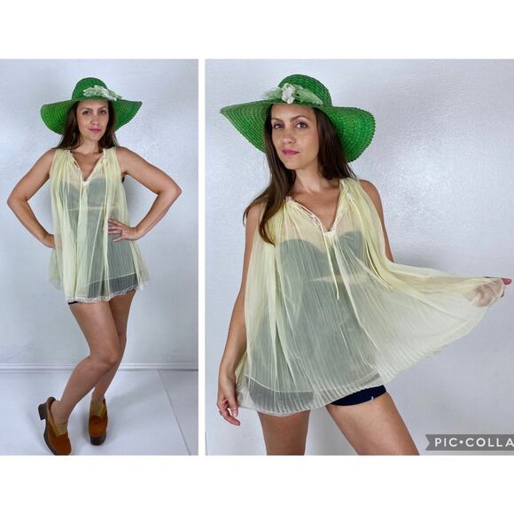 vintage 60s Pastel Yellow PLEATED FLOATY CAMISOLE Sm/Med/Lg sheer lingerie slip - Picture 1 of 10